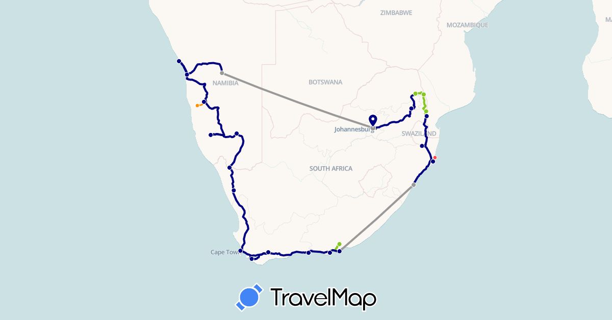 TravelMap itinerary: driving, plane, hiking, hitchhiking, electric vehicle in Namibia, South Africa (Africa)