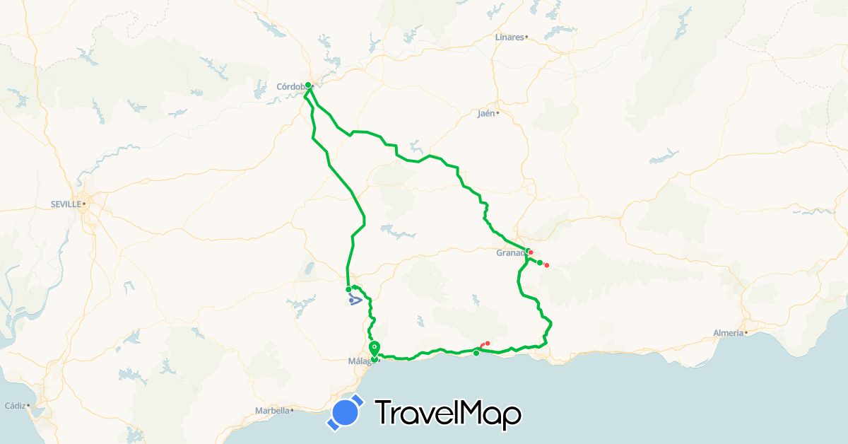 TravelMap itinerary: bus, cycling, hiking in Spain (Europe)