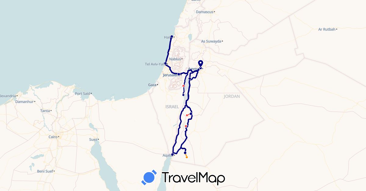 TravelMap itinerary: driving, hiking, hitchhiking in Israel, Jordan (Asia)